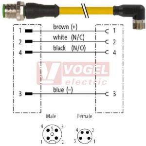 7000-40621-0310100 konektor M12/4-pin/vidl/přímý - kabel ŽL PUR do vlečného řetězu 4x0,25mm2 L=1,0m - konektor M8/4-pin/zás/úhlový