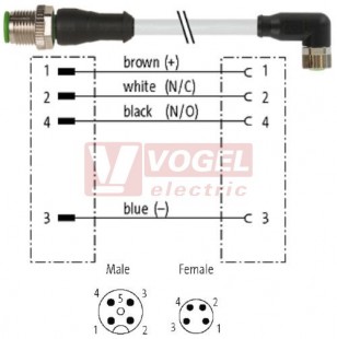 7000-40621-2110300 konektor M12/4-pin/vidl/přímý - kabel ŠE PVC 4x0,25mm2 L=3,0m - konektor M8/4-pin/zás/úhlový