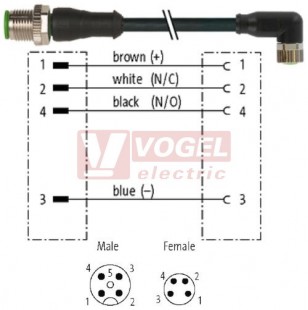 7000-40621-6110030 konektor M12/4-pin/vidl/přímý - kabel ČE PVC 4x0,25mm2 L=0,3m - konektor M8/4-pin/zás/úhlový