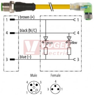 7000-40641-0300030 konektor M12/3-pin/vidl/přímý - kabel ŽL PUR do vlečného řetězu 3x0,25mm2 L=0,3m - konektor M8/3-pin/2xLED/zás/úhlový