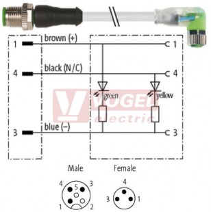 7000-40641-2100060 konektor M12/3-pin/vidl/přímý - kabel ŠE PVC 3x0,25mm2 L=0,6m - konektor M8/3-pin/2xLED/zás/úhlový