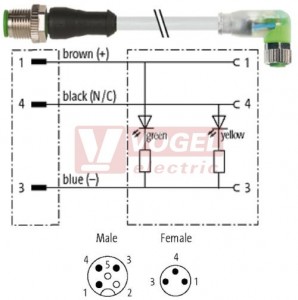 7000-40641-2300300 konektor M12/3-pin/vidl/přímý - kabel ŠE PUR do vlečného řetězu 3x0,25mm2 L=3,0m - konektor M8/3-pin/2xLED/zás/úhlový