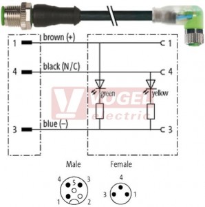 7000-40641-6200200 konektor M12/3-pin/vidl/přímý - kabel ČE PUR/PVC 3x0,25mm2 L=2,0m - konektor M8/3-pin/2xLED/zás/úhlový