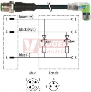 7000-40641-6300030 konektor M12/3-pin/vidl/přímý - kabel ČE PUR do vlečného řetězu 3x0,25mm2 L=0,3m - konektor M8/3-pin/2xLED/zás/úhlový