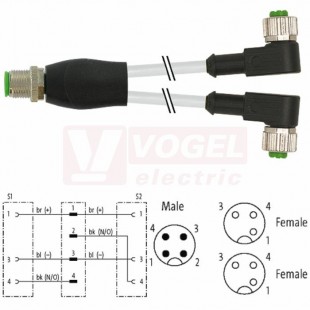 7000-40741-2330030 rozbočovací Y konektor M12/4-pin/vidl/přímý - kabel ŠE PUR do energ.řetězů 3x0,34mm2 L=0,3m - 2x  konektor M12/3-pin/zás/úhlový