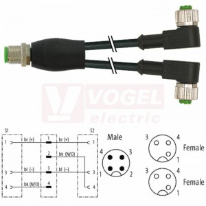 7000-40741-6130200 rozbočovací Y konektor M12/4-pin/vidl/přímý - kabel ČE PVC 3x0,34mm2 L=2m - 2x konektor M12/3-pin/zás/úhlový
