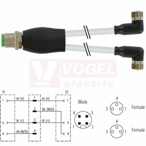 7000-40841-2300030 rozbočovací Y konektor M12/4-pin/vidl/přímý - kabel ŠE PUR 3x0,25mm2 L=0,3m - 2x konektor M8/3-pin/zás/úhlový