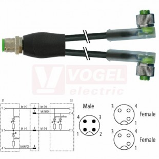 7000-40781-6330030 rozbočovací Y konektor M12/4-pin/vidl/přímý - kabel ČE PUR do energ.řetězů 3x0,34mm2 L=0,3m - 2x  konektor M12/3-pin/2xLED/zás/úhlový
