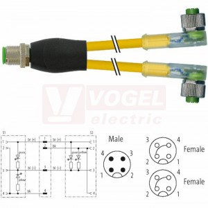 7000-40801-0330150 rozbočovací Y konektor M12/4-pin/vidl/přímý - kabel ŽL PUR do energ.řetězů 3x0,34mm2 L=1,5m - 2x  konektor M12/4-pin/2xLED/zás/úhlový