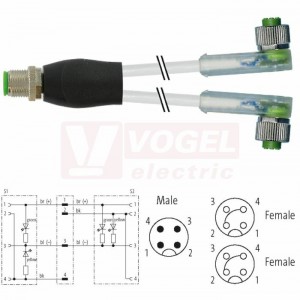 7000-40801-2130200 rozbočovací Y konektor M12/4-pin/vidl/přímý - kabel ŠE PVC 3x0,34mm2 L=2m - 2x konektor M12/4-pin/2xLED/zás/úhlový