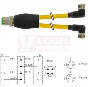 7000-40841-0100030 rozbočovací Y konektor M12/4-pin/vidl/přímý - kabel ŽL PVC 3x0,25mm2 L=0,3m - 2x konektor M8/3-pin/zás/úhlový