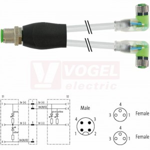 7000-40861-2100200 rozbočovací Y konektor M12/4-pin/vidl/přímý - kabel ŠE PVC 3x0,25mm2 L=2m - 2x konektor M8/3-pin/2xLED/zás/úhlový