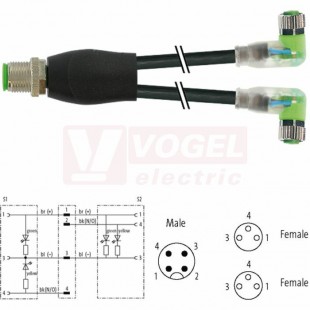 7000-40861-6100030 rozbočovací Y konektor M12/4-pin/vidl/přímý - kabel ČE PVC 3x0,25mm2 L=0,3m - 2x konektor M8/3-pin/2xLED/zás/úhlový