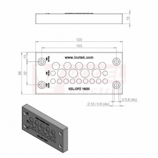 KEL-DPZ 16/20 CR (S)VOC gy membránová průchodka, šedá RAL7035, dx120mm, šx58mm, vx14mm, montážní výška 14mm, vel.výřezu 86x36mm, 4 šrouby, pr.otvorů pro šrouby 5,8mm, rozsah upínání 11 x 3,2-6,5mm, 5 x 5-10,2mm, 4 x 7,5-12mm (43817.600)