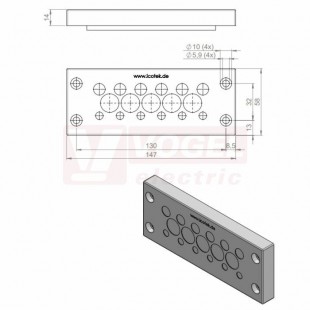 KEL-DPZ 24/17 CR gy membránová průchodka, šedá RAL7035, dx147mm, šx58mm, vx14mm, montážní výška 14mm, vel.výřezu 112x36mm, 4 šrouby, pr.otvorů pro šrouby 5,9mm, rozsah upínání 6x3,2-6,5mm, 6x5-10,2mm, 5x9-16,2mm (ISO 14644-1) (43705.601)