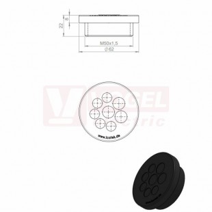 KEL-DPZ 50/8 bk membránová průchodka, kulatá, černá RAL9001, výška 22mm, vnější průměr 62mm, instalační výška 8mm, závit M50x1,5mm, délka závitu 14mm, pr.kabelu 5x 5-10,2mm, 3x7,2-12,5mm (50750.600)