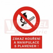 Samolepka zákazová "Zákaz kouření a manipulace s plamenemí" (černý tisk, červený podklad),symbol s textem  (4201D) A5