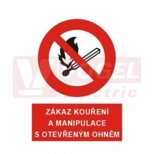 Samolepka zákazová "Zákaz kouření a manipulace s otevřeným ohněm" (černý tisk, červený podklad), symbol s textem  (4201G) A5