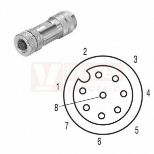 SAIBM-8/9S-M12 konektor M12/8pin/zás/přímý, kov.tělo, stíněné A-kódování, šroubové připojení, pro montáž 0,14-0,5mm2, sevření 6-8mm, IP67 (1258930000)