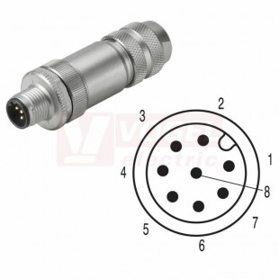 SAISM-8/9S-M12 konektor M12/8pin/vidl/přímý, kov.tělo, stíněné A-kódování, šroubové připojení, pro montáž 0,14-0,5mm2, sevření 6-8mm, IP67 (1258940000)