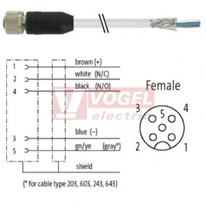 7000-13221-3480200 konektor M12/5-pin/zás/přímý - kabel ŠE PVC 5x0,34mm2 L=2,0m - volný konec