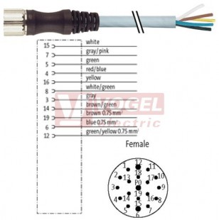 7000-23211-4480500 konektor M23/19-pin/zás/přímý - kabel PUR šedý 8x0,5/3x1,00mm2 L=5m - volný konec