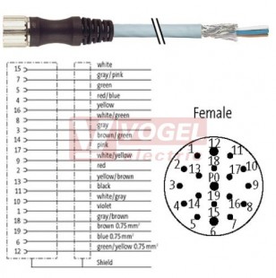 7000-23751-4013000 konektor M23/19-pin/zás/přímý - kabel PUR/PVC 16x0,34/3x0,75mm2 ŠE stíněný L=30m - volný konec