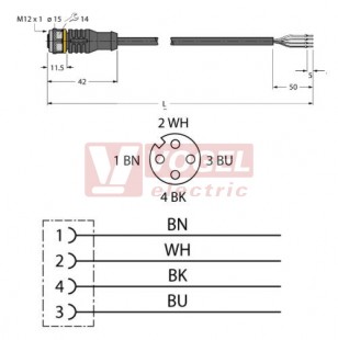 RKC4.4T-5/TEL konektor M12/4-pin/zás/přímý -  kabel ČE PVC L= 5m - volný konec